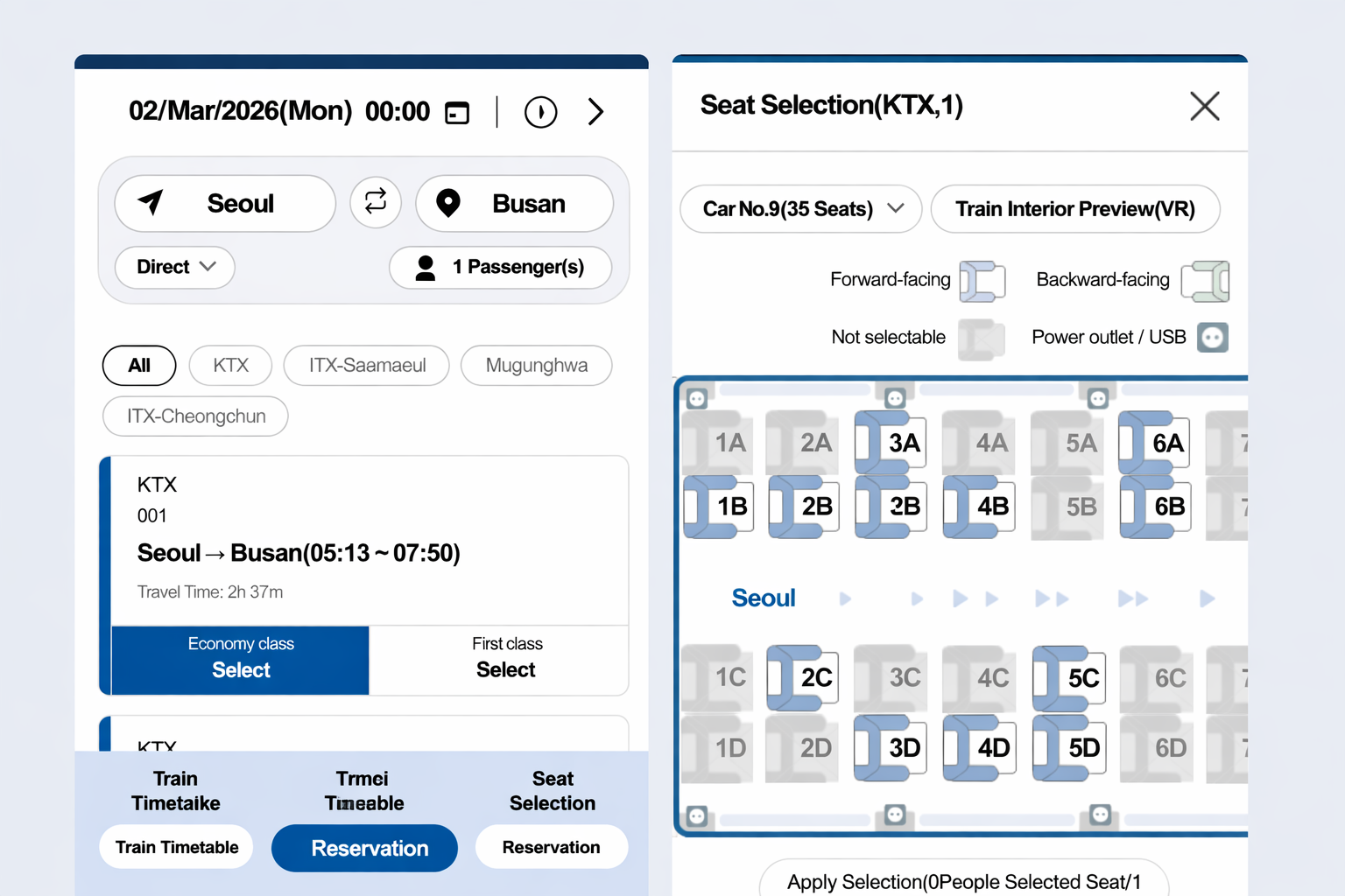 train search results and seat selection screen