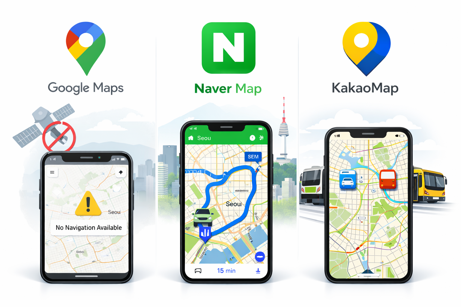 Transport Apps in Korea Google Maps vs Naver Map vs KakaoMap Comparison Guide