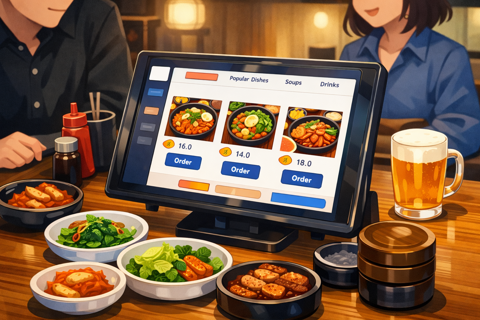 Table order tablet system at a Korean restaurant 2026 — English language setting