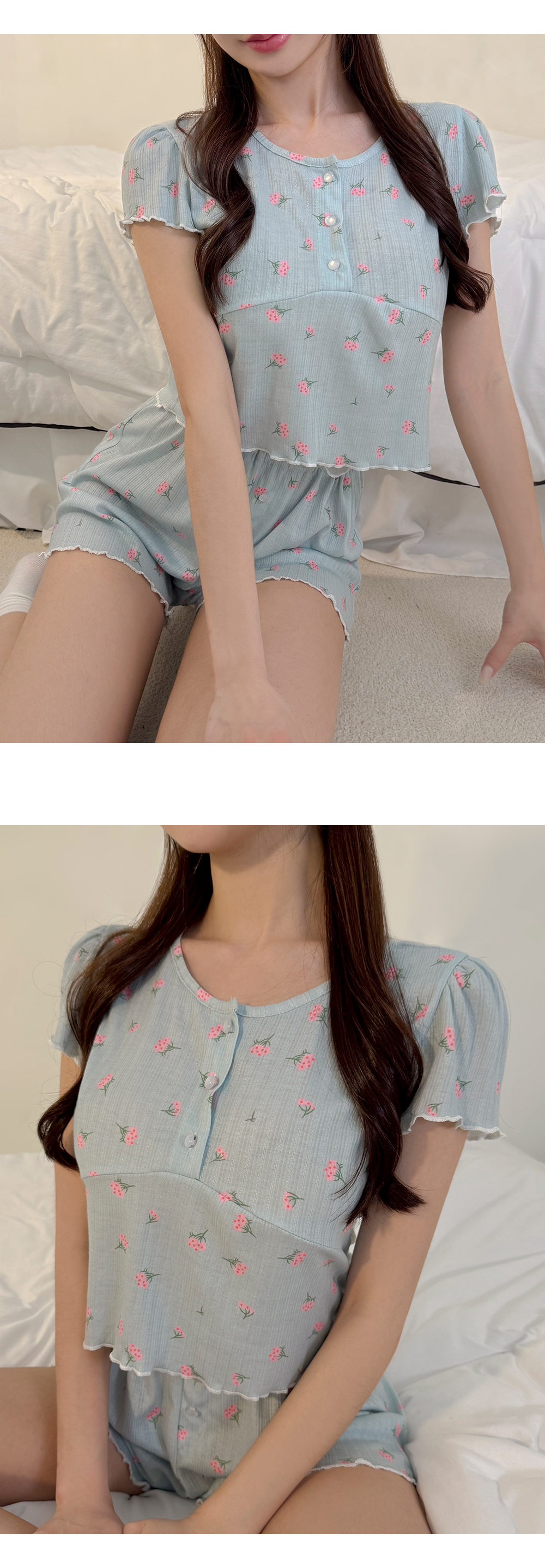 [하늘하늘/여리핏🍀] 팬지 플라워 크롭 면 반팔 반바지 봄 학생 파자마 투피스 여름 잠옷 세트 상세 이미지 5