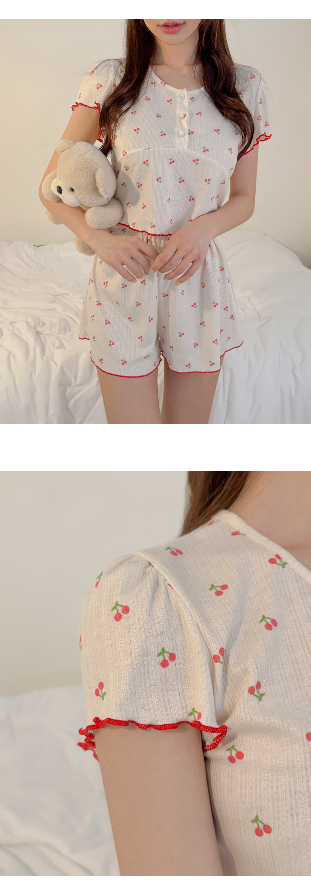 [보들보들/여리핏🍒] 쁘띠체리 크롭 반팔 밴딩 반바지 투피스 파자마 면 봄 여름 잠옷 세트 상세 이미지 5