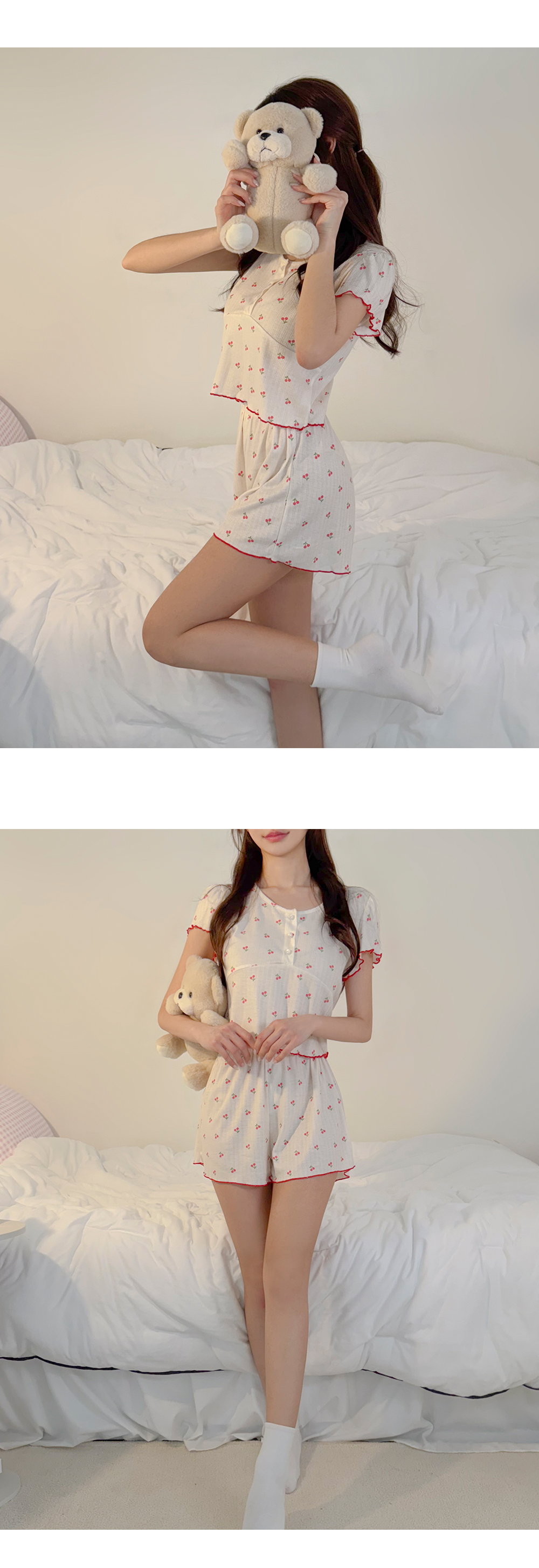 [보들보들/여리핏🍒] 쁘띠체리 크롭 반팔 밴딩 반바지 투피스 파자마 면 봄 여름 잠옷 세트 상세 이미지 6