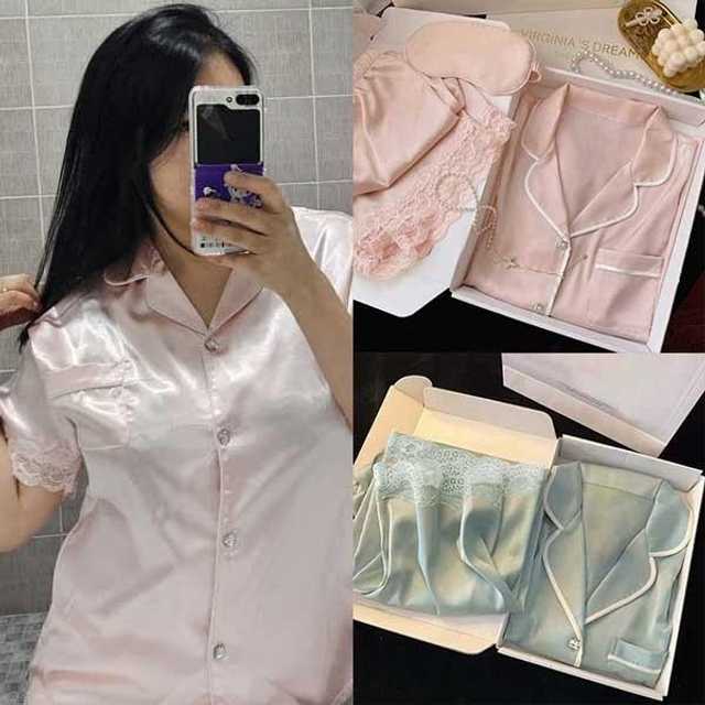 큐빅 단추 포인트 라운드 포켓 실크 상의 하의 파자마 잠옷